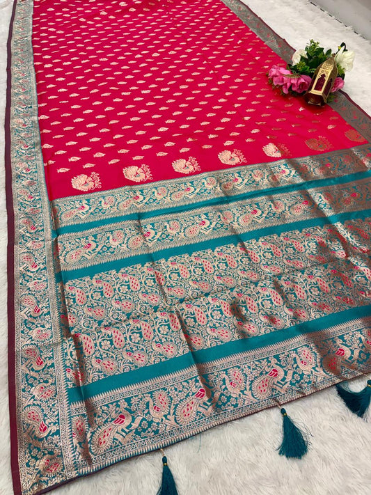 AJ-PRANAY SOFT SILK FABRIC SAREE WITH RICH PALLU DESIGN WITH BEAUTIFUL PEACOCK DESIGN WITH MEENAKRI WORK WITH CONTRAST BLOUSE