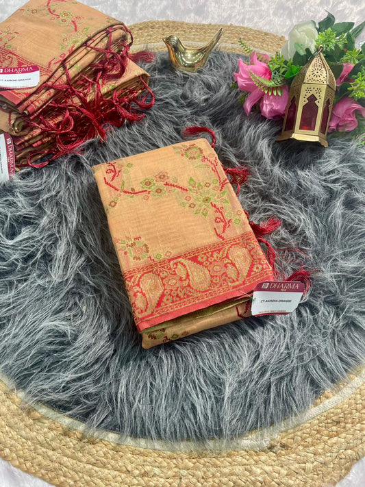 CT-AAROHI-ORANGE COTTON SILK SAREE JHAL WEAVING DESIGN WITH CONSTAST BORDER WITH RICH PALLU WITH TASSELS