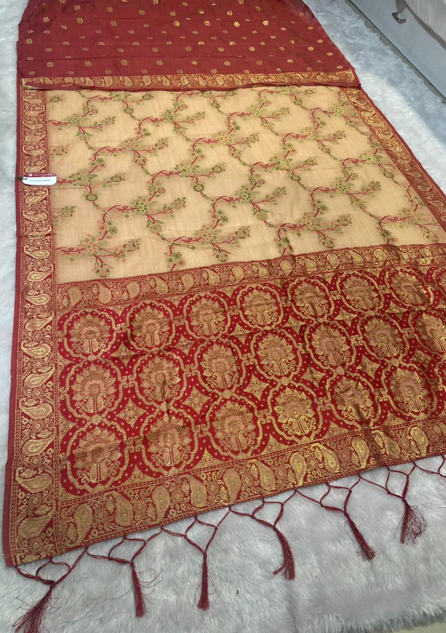 CT-AAROHI-ORANGE COTTON SILK SAREE JHAL WEAVING DESIGN WITH CONSTAST BORDER WITH RICH PALLU WITH TASSELS