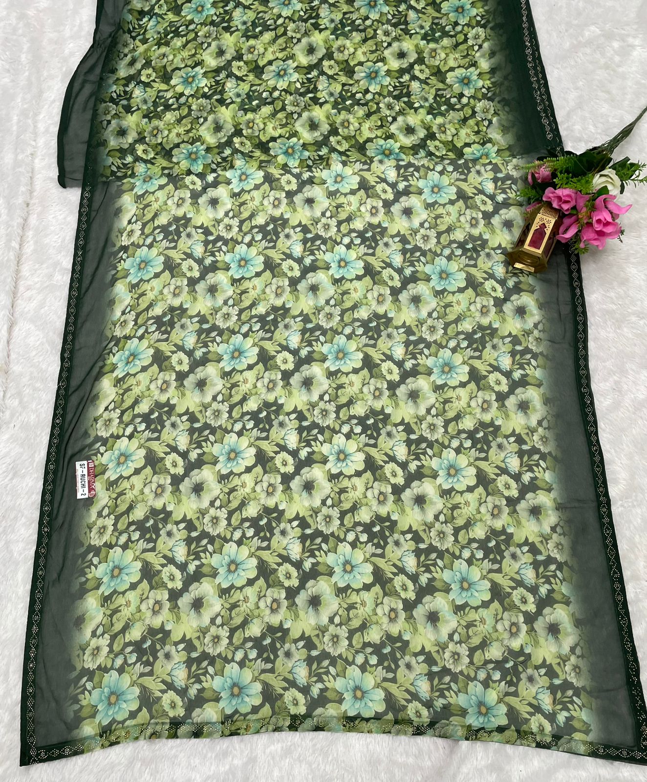 SF-RUCHI-2 PURE WEIGHTLESS SAREE WITH PESTAL MATCHING WITH DMC SIROSKI BORDER WITH BEAUTIFUL BLOUSE