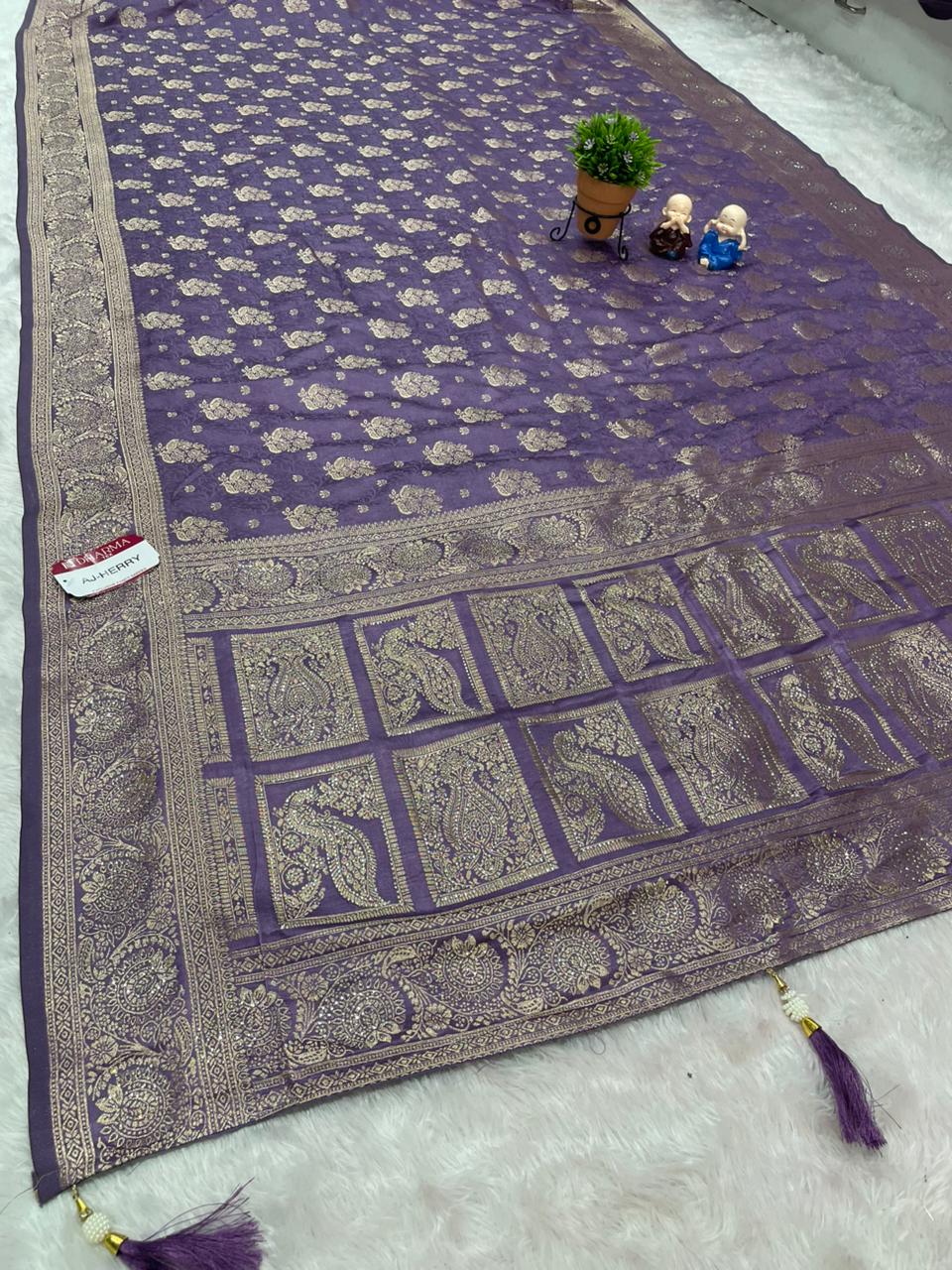 AJ-HERRY SATIN SILK SAREE WITH HEAVY JAKRAN WORK WITH BEAUTIFUL PEACOCK DESIGN WITH LUXURIOUS TASSELS AND MOST TRENDING SAREE