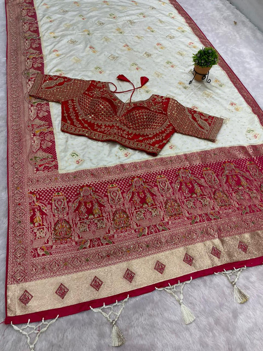 AJ-SUREKHA NAYLON SATIN FABRIC SAREE WITH BEAUTIFUL DESIGN WITH HEAVY JARKAN WORK WITH RICH PALLU WITH MEENAKARI WORK WITH HEAVY EMBROIDERY WORK STICHED BLOUSE WITH LUXUIROUS TAASELS