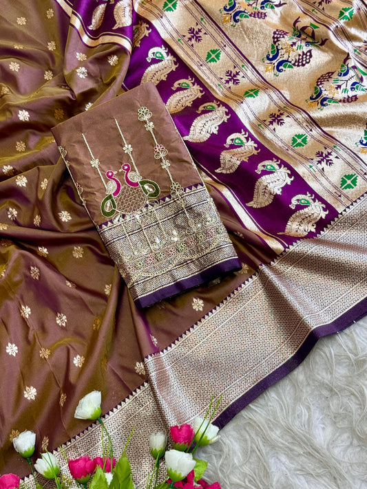 SA-7085 (WITH BOX) SOFT SILK SAREE WITH BEAUTIFUL PAITHANI BORDER WITH MEENA PALLU AND WITH EMBROIDERY WORK BLOUSE