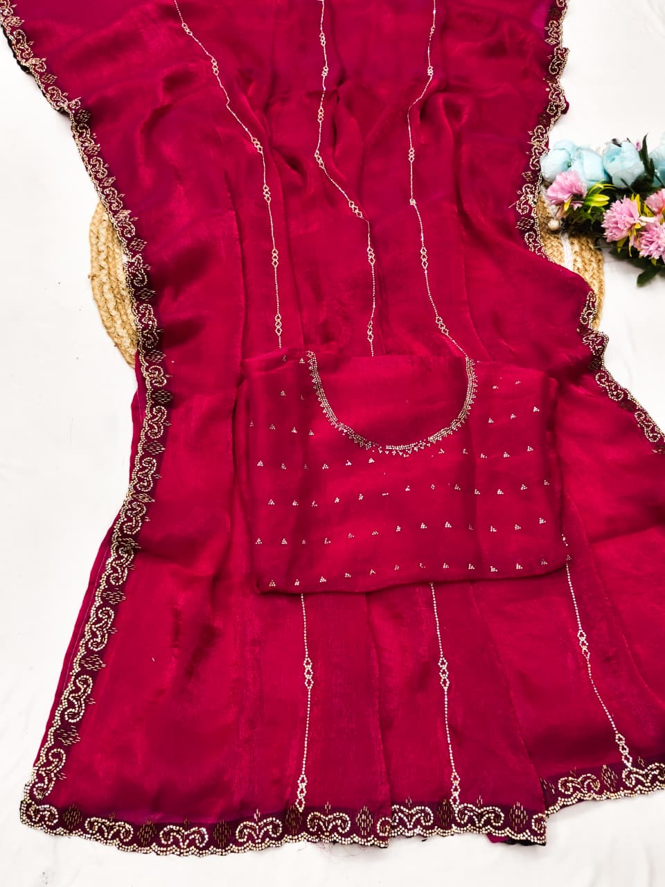 DF-UNNTI FENDI FABRIC SAREE WITH HEAVY JARKAN WORK ON BORDER AND SAREE WITH HEAVY BLOUSE