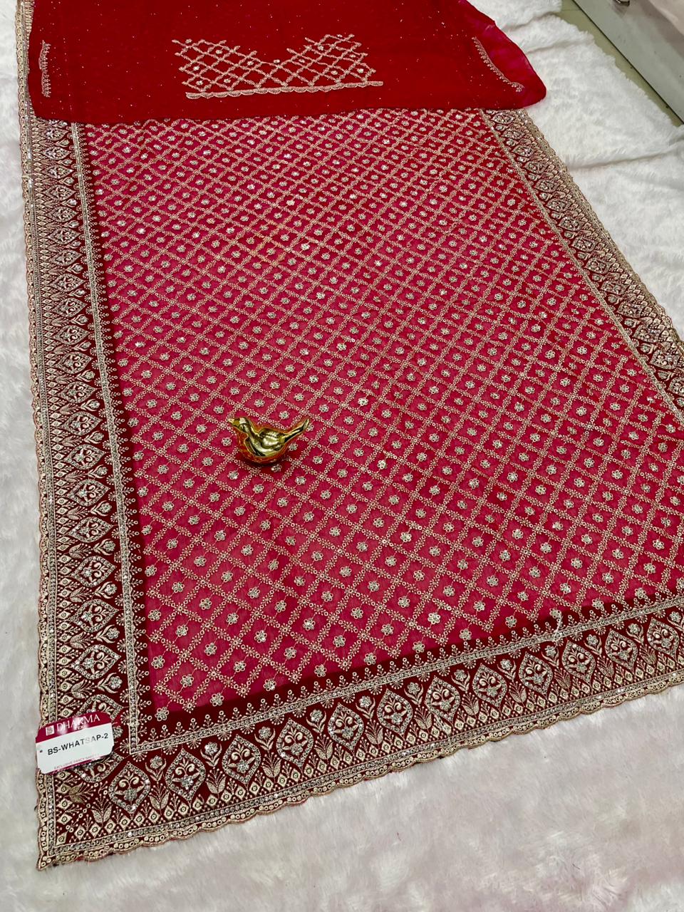 BS-WHATSAPP-2 FENDI BARIC SAREE WITH PREMIUM HEAVY EMBROIDERY WORK WITH HEAVY DIAMOND WORK ALL OVER