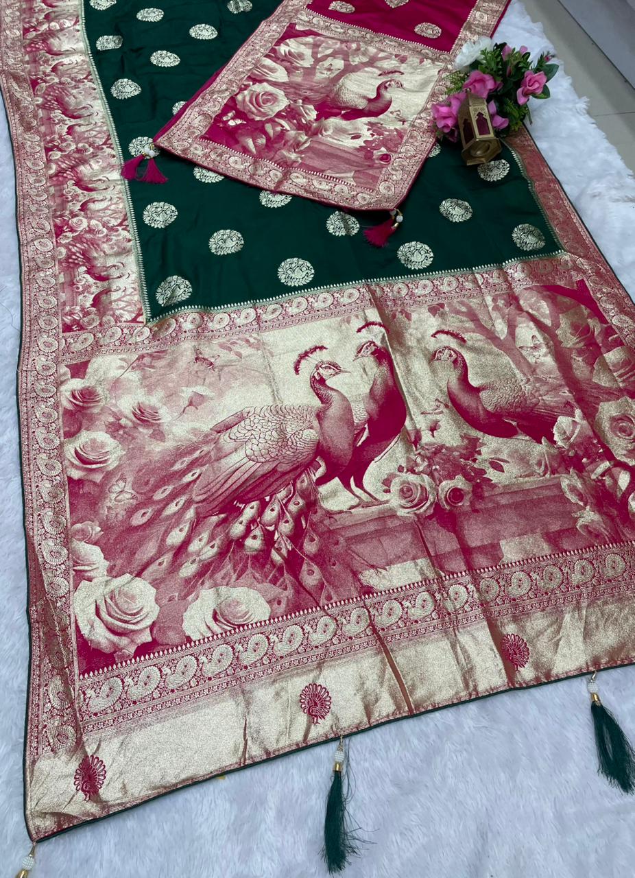 AJ-DILRUBA DUPATTA SATIN SILK FABRIC SAREE WITH RICH PALLU DEISGN WITH BEAUTIFUL PEACOCK DESIGN ON PALLU WITH TRENDING SAREE WITH BUTTI BLOUSE AND DUPPTTA WITH LUXURIOUS TASSELS