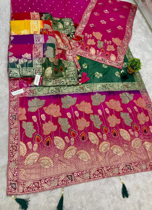 AJ-LOTUS DUPPATA D DOLA SILK FABRIC SAREE WITH BEAUTIFUL FLOWER DESIGN PALLU WITH DMC SIROSKI WORK WITH CHAAP DYING WITH DUPATTA AND BORDER WITH HEAVY BLOUSE