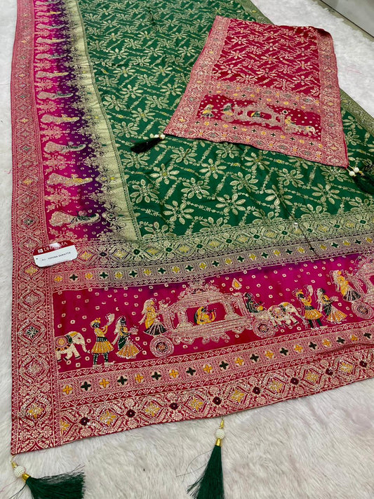 AJ-VIHUNA-DUPATTA DOLA SILK SAREE WITH BEAUTIFUL RATH DESIGN PALLU WITH DMC SIROSKI WORK WITH CHAAP DYING WITH DUPATTA AND CONTRAST BORDER AND BLOUSE
