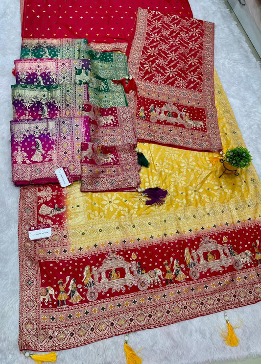 AJ-VIHUNA-DUPATTA DOLA SILK SAREE WITH BEAUTIFUL RATH DESIGN PALLU WITH DMC SIROSKI WORK WITH CHAAP DYING WITH DUPATTA AND CONTRAST BORDER AND BLOUSE