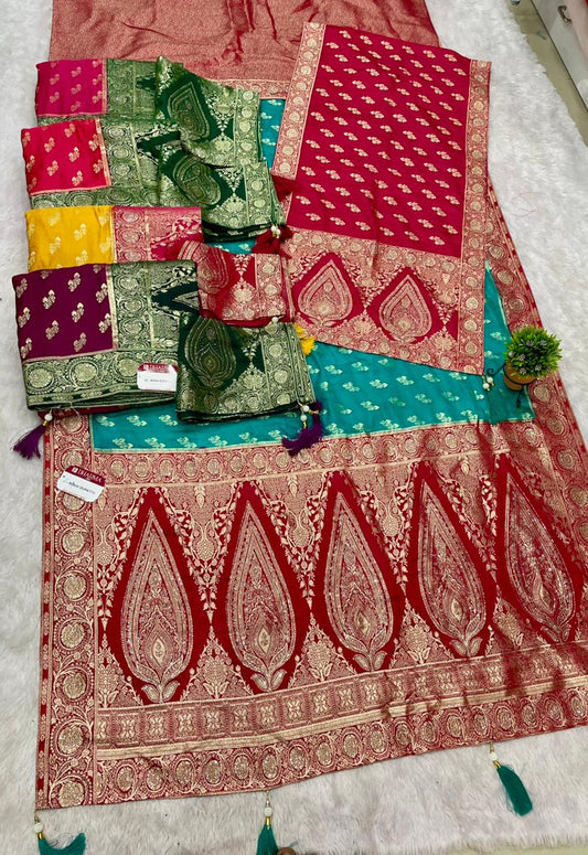 AJ-RAKHI DUPPATA DOLA SILK SAREE WITH BEAUTIFUL RATH DESIGN PALLU WITH DMC SIROSKI WORK WITH CHAAP DYING WITH DUPATTA AND CONTRAST BORDER AND BLOUSE