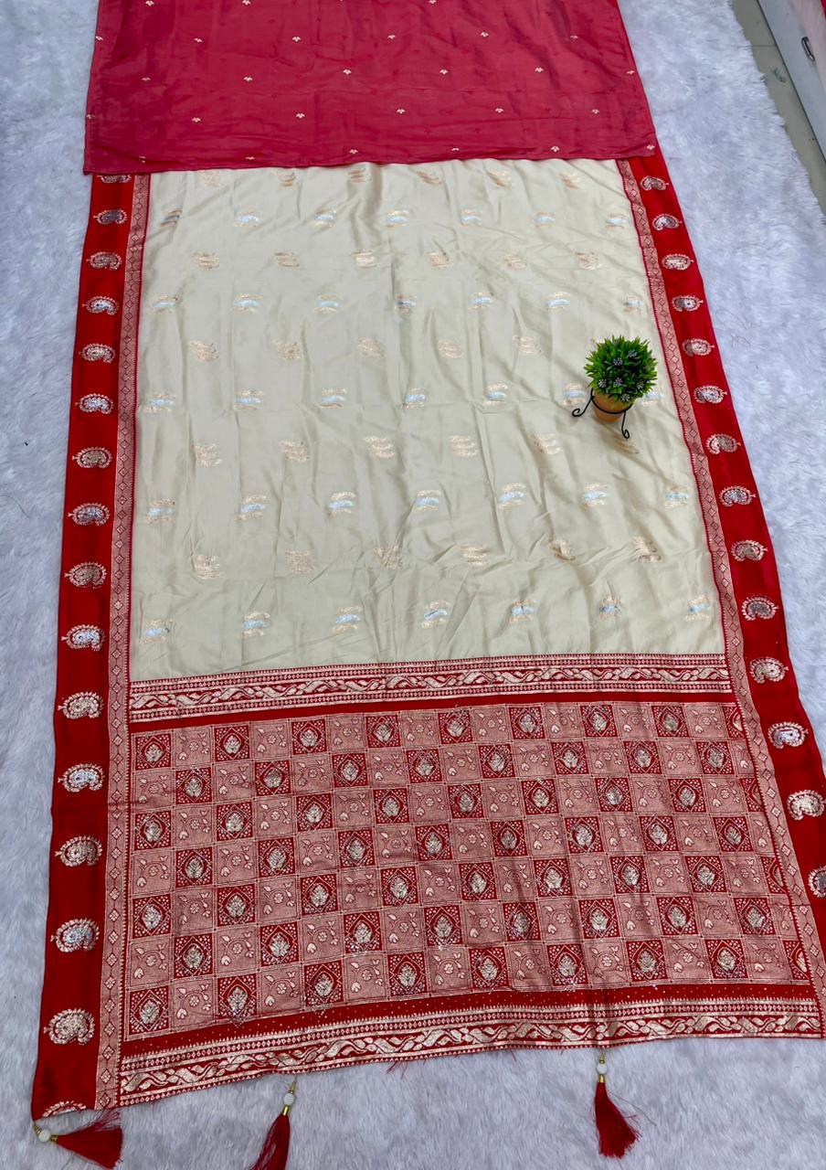 AJ-MANGO BITE SOFT SILK FABRIC SAREE WITH SATIN BORDER WITH RICH PALLU DESIGN WITH DIAMOND WORK WITH WHITE COMMON BODY WITH CONTRAST BORDER AND BLOUSE