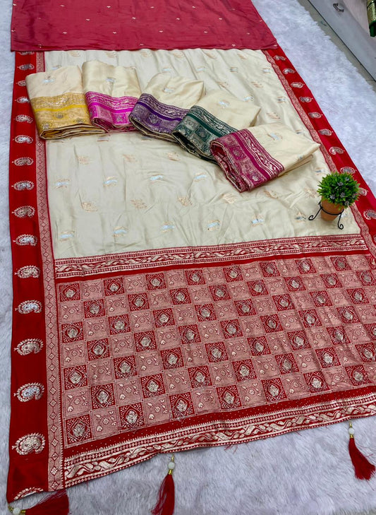 AJ-MANGO BITE SOFT SILK FABRIC SAREE WITH SATIN BORDER WITH RICH PALLU DESIGN WITH DIAMOND WORK WITH WHITE COMMON BODY WITH CONTRAST BORDER AND BLOUSE