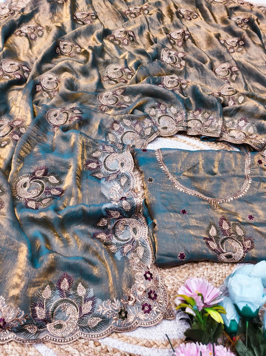 DF-SUMITRA SATIN SILK FABRIC SAREE WITH JARKAN WORK WITH BEAUTIFUL DESIGN WITH HEAVY BLOUSE