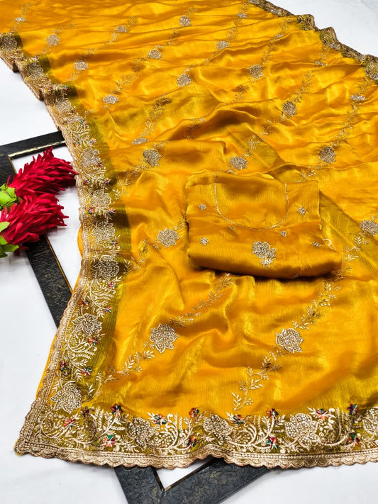 DF-GEMINI SATIN SILK FABRIC SAREE WITH BEAUTIFUL DESIGN WITH HEAVY JARKAN WORK ON SAREE WITH LEHARIYA DESIGN WITH HEAVY WORK BLOUSE