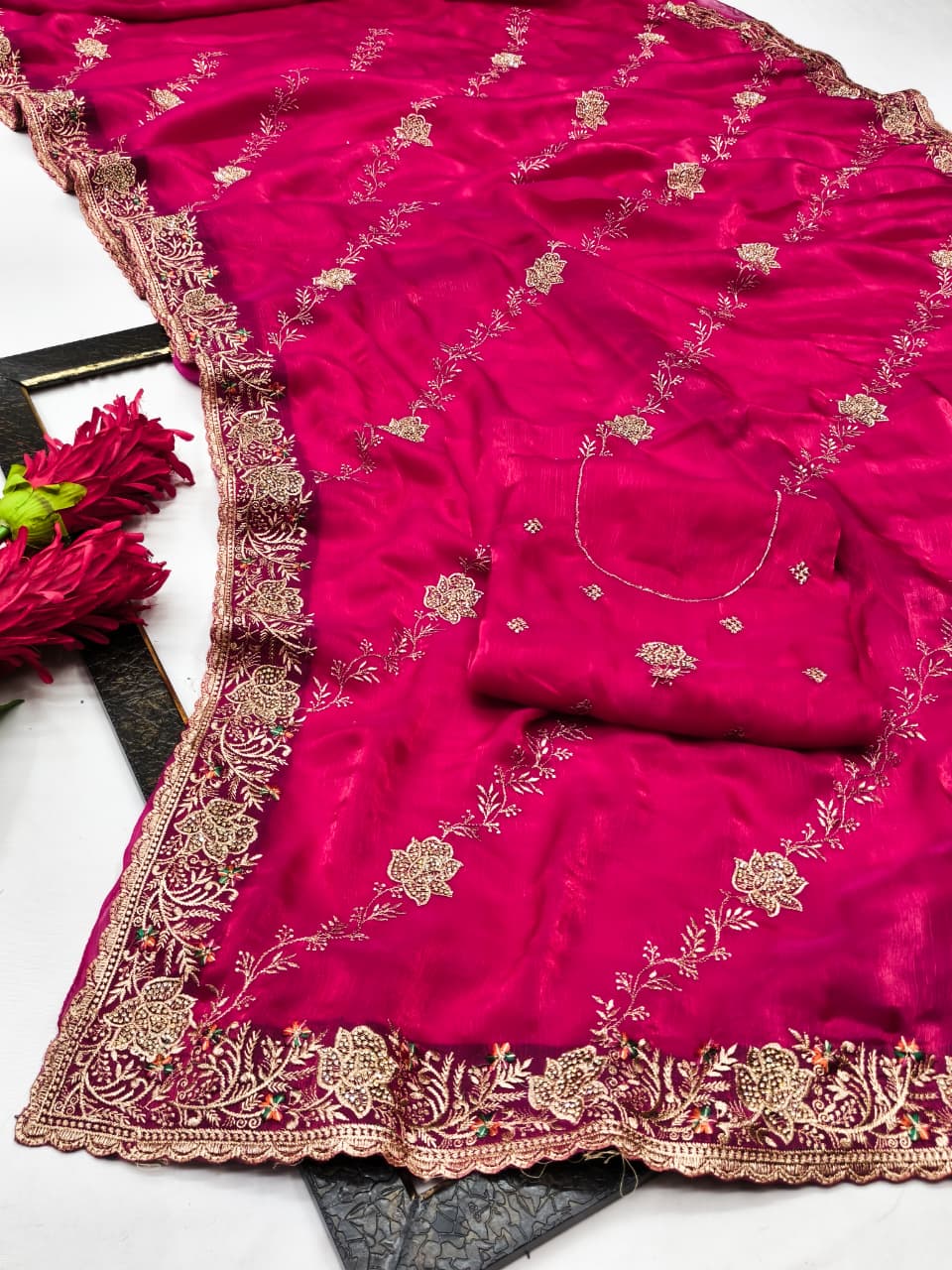 DF-GEMINI SATIN SILK FABRIC SAREE WITH BEAUTIFUL DESIGN WITH HEAVY JARKAN WORK ON SAREE WITH LEHARIYA DESIGN WITH HEAVY WORK BLOUSE