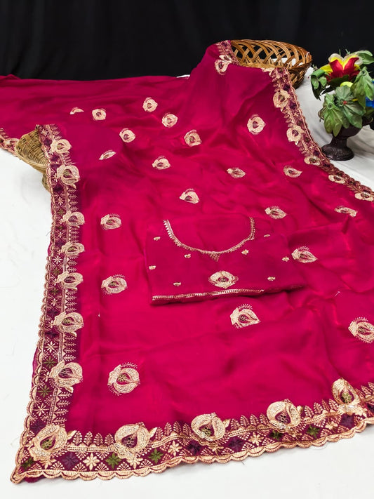 DF-SATYA SATIN SILK FABRIC SAREE WITH HEAVY JARKAN WORK WITH AND JARKAN WORK ON BUTTA WITH HEAVY BLOUSE