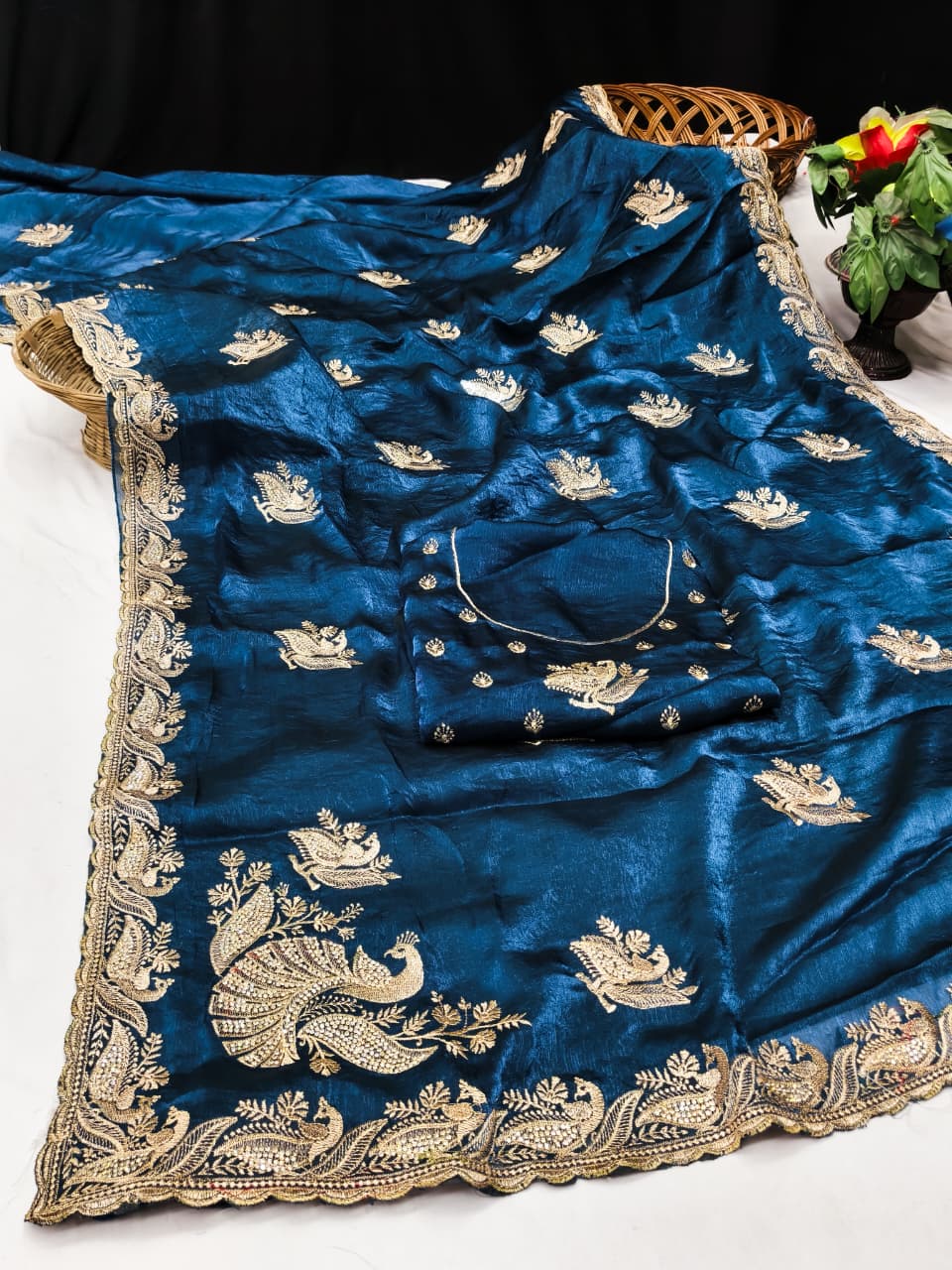 DF-KELVIN SATIN FABRIC SAREE WITH HEAVY JARKAN WORK WITH BEAUTIFUL PEACOCK DESIGN WITH HEAVY BLOUSE