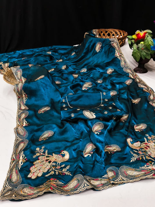 DF-NOOR CHIFFON FABRIC SAREE WITH BEAUTIFUL DESIGN WITH HEAVY JARKAN WORK WITH PEACOK DESIGN WITH HEAVY BLOUSE
