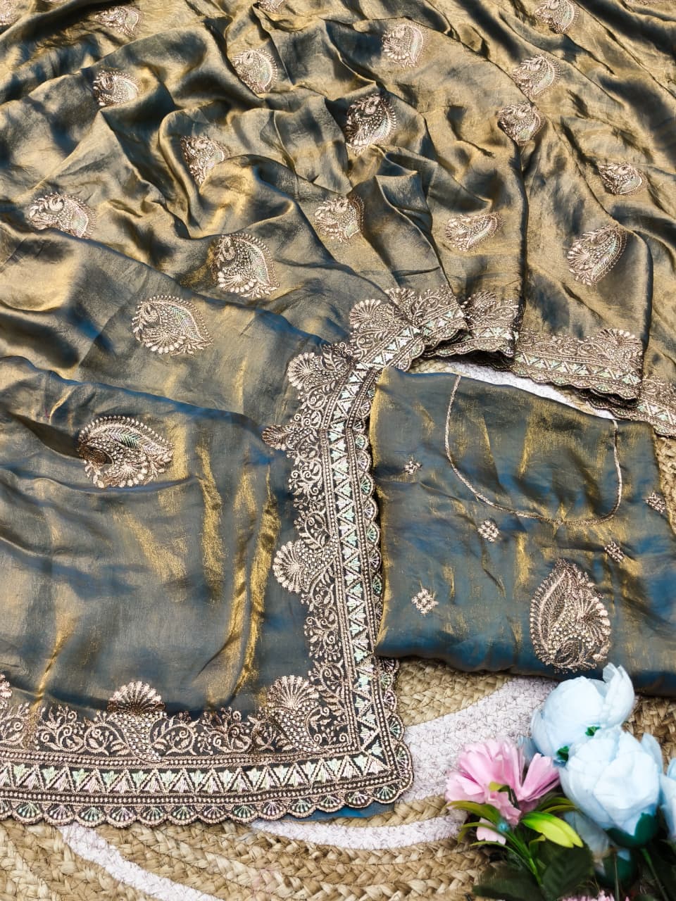 DF-SUMERU SATIN SILK FABRIC SAREE WITH JARKAN WORK WITH BEAUTIFUL DESIGN WITH HEAVY BLOUSE