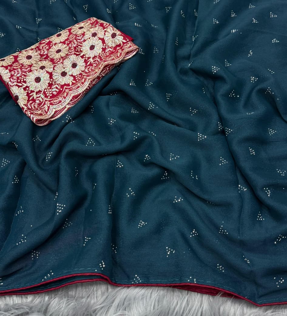 NN-2043 Star georgette fabric with siroski work allover saree with piping and tussels with Contrast rich embroidary sequence work blouse
