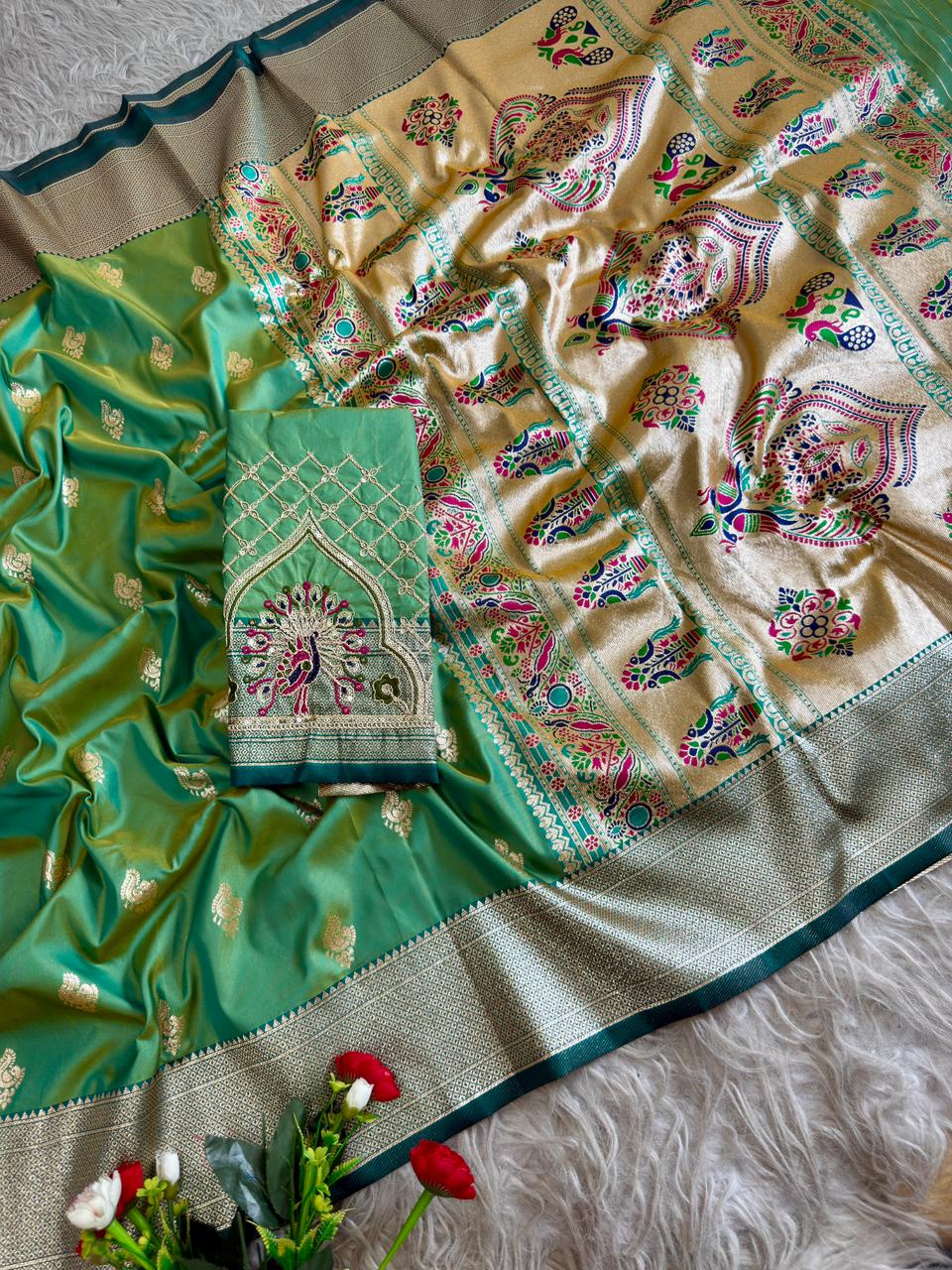 SA-7084 (WITH BOX) SOFT SILK SAREE WITH BEAUTIFUL PAITHANI BORDER WITH MEENA PALLU AND WITH EMBROIDERY WORK BLOUSE