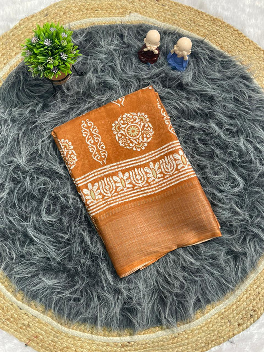 CP-7143 DOLA SILK FABRIC SAREE WITH FLOWER PRINT ON SAREE WITH BEAUTIFUL BORDER WITH BLOUSE
