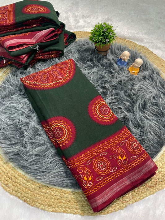 PRINT-3236-GREEN MAL COTTON SAREE WITH BEAUTIFUL RICH PALLU VIRAL BANDANI DESIGN WITH BLOUSE WITH 6.30 MTR CUT