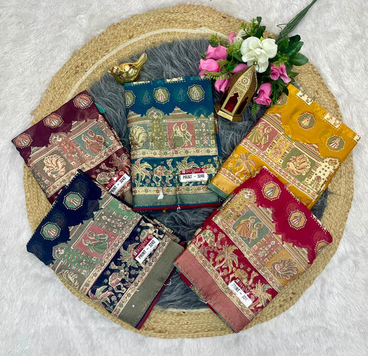 PRINT-3240 BRASSO FABRIC SAREEE WITH FOIL WORK AND DMC SIROSKI WORK ON BORDER WITH BEAUTIFUL PRINT WITH BLOUSE