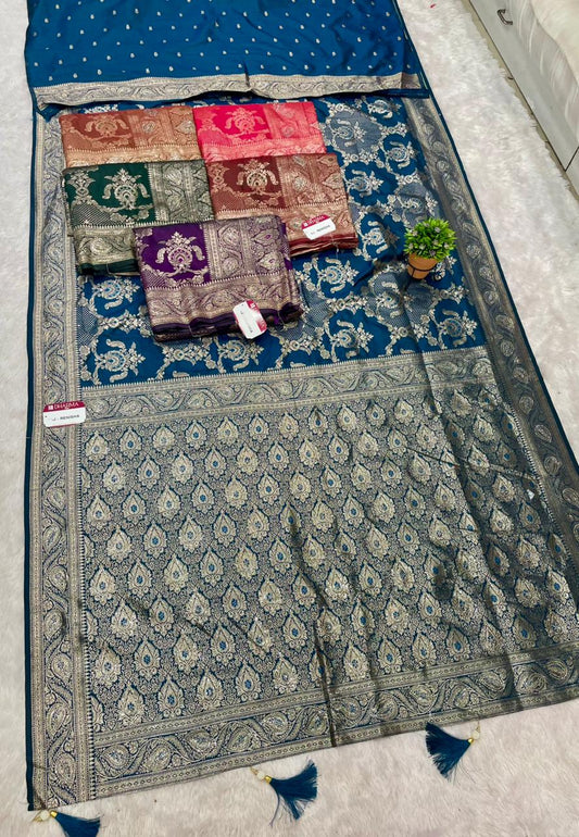 AJ-RENISHA SOFT SILK FABRIC SAREE WITH BEAUTIFUL DESIGN WITH HEAVY SIROSKI WORK ON SAREE AND LUXURY TASSELS WITH BUTTI BLOUSE