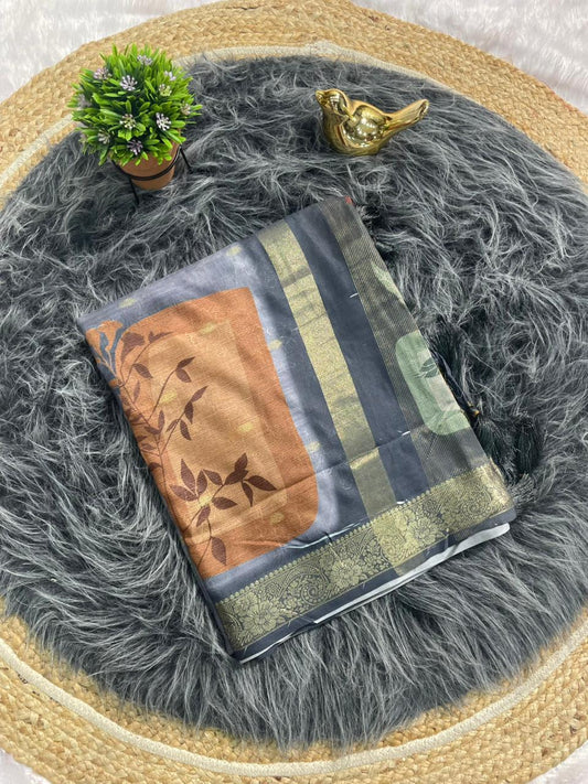 DP-4056 MAL COTTON FABRIC SAREE WITH CHIT PALLU WITH BEAUTIFUL DESIGN ALL OVER ON SAREE WITH LUXURY TASSELS WITH BLOUSE