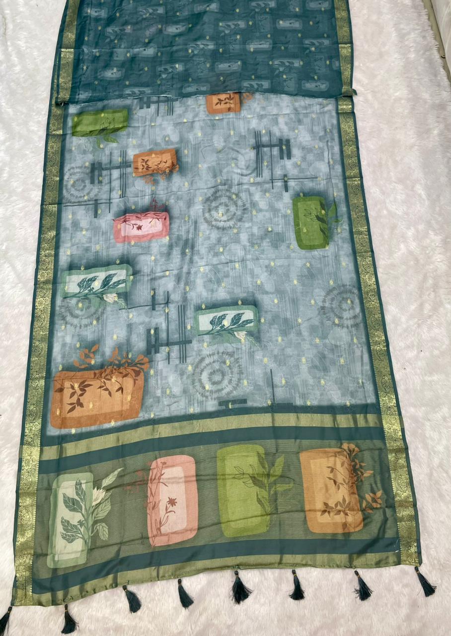 DP-4056 MAL COTTON FABRIC SAREE WITH CHIT PALLU WITH BEAUTIFUL DESIGN ALL OVER ON SAREE WITH LUXURY TASSELS WITH BLOUSE