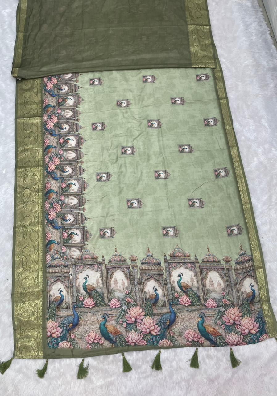 DP-4053 MAL COTTON FABRIC SAREE WITH OPEN PALLU DESIGN WITH BEAUTIFUYL DIGITAL PRINT DESIGN WITH BRAUTIFUL PEACOCK DESIGN WITH JACAURD BORDER