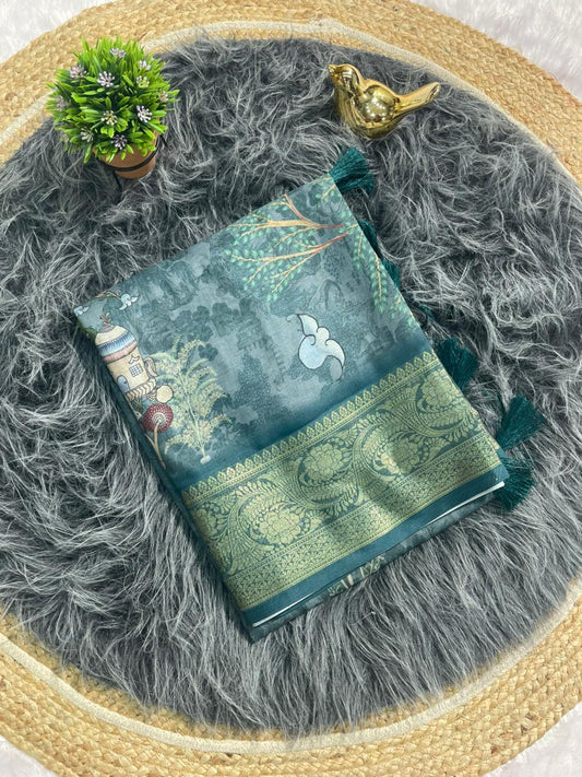 DP-4054 MAL COTTON FABRIC SAREE WITH OPEN PALLU DESIGN WITH BEAUTIFUYL DIGITAL PRINT DESIGN WITH JACAURD BORDER