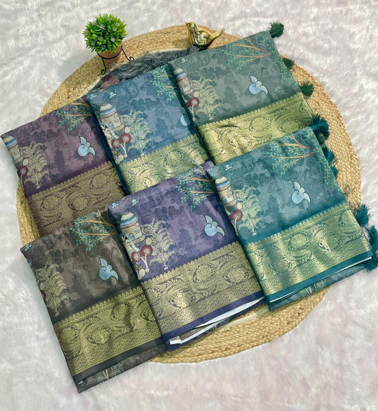 DP-4054 MAL COTTON FABRIC SAREE WITH OPEN PALLU DESIGN WITH BEAUTIFUYL DIGITAL PRINT DESIGN WITH JACAURD BORDER