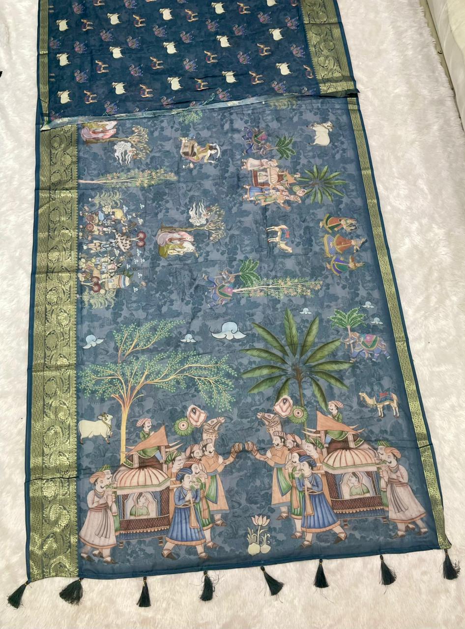 DP-4054 MAL COTTON FABRIC SAREE WITH OPEN PALLU DESIGN WITH BEAUTIFUYL DIGITAL PRINT DESIGN WITH JACAURD BORDER