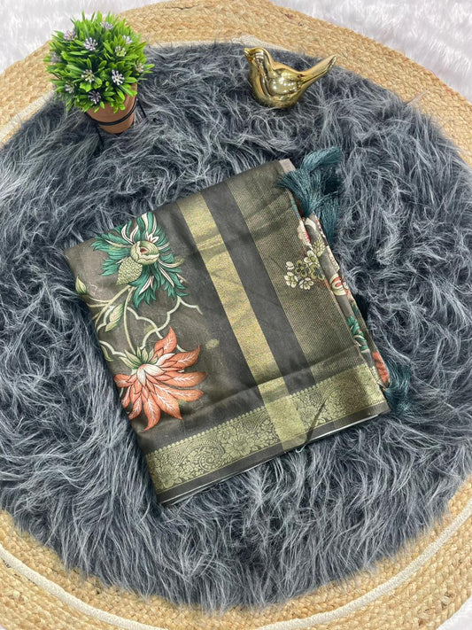 DP-4055 MAL COTTON FABRIC SAREE WITH BEAUTIFUL PALLU DESIGN WITH DIGITAL PRINT WITH FLORAL DESIGN WITH JACAURD BORDER