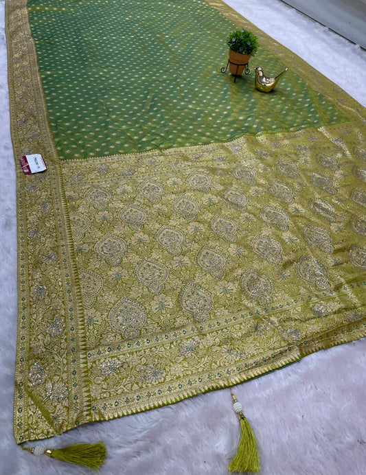 AJ-NATRAJ SATIN SILK FABRIC SAREE WIRH HEAVY SIROSKI WORK ON SAREE WITH BUTTI DESIGN ON ALL OVER ON BODY WITH LUXURIOUS TASSELS WITH BLOUSE