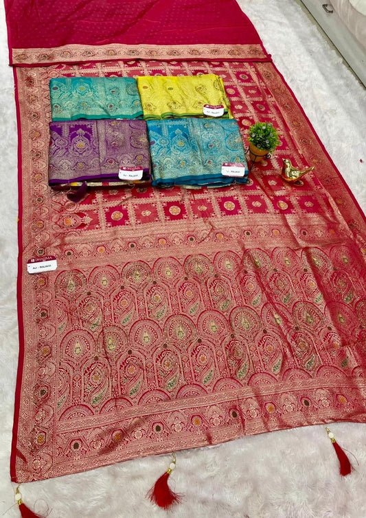 AJ-RAJAVI SATIN FABRIC SAREE WITH BEAUTIFUL DESIGN WITH HEAVY JARKAN WORK WITH BEAUTIFUL RICH PALLU DESIGN WITH GHATCHOLA DESIGN AND LUXURIOUS TASSELS WITH BLOUSE