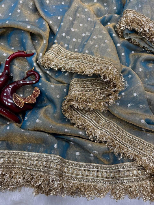 SB-VIRAL-BUTTI NC MOSS FABRIC SAREE WITH BEAUTIFUL VIRAL SAREE WITH SUPER AND SUPER ELEGANT DESIGN WITH ORIGINAL EMBROIDERY WORK WITH BEAUTIFUL LACE WITH SUPER LUXURIOUS GIRLISH LOOK SAREE