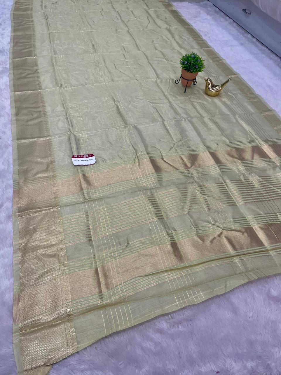 AJ-STAR MANGO TISSUE COTA FABRIC SAREE WITH CHIT PALLU DESIGN WITH JACQUARD BORDER