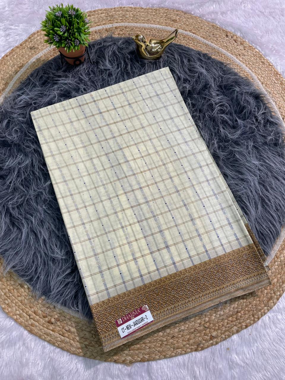 CT-NEW-JAADUGARI-2 SUTI COTTON FABRIC SAREE WITH BEAUTIFUL CHECKS DESIGN ALL OVER ON SAREE AND WITHOUT BLOUSE
