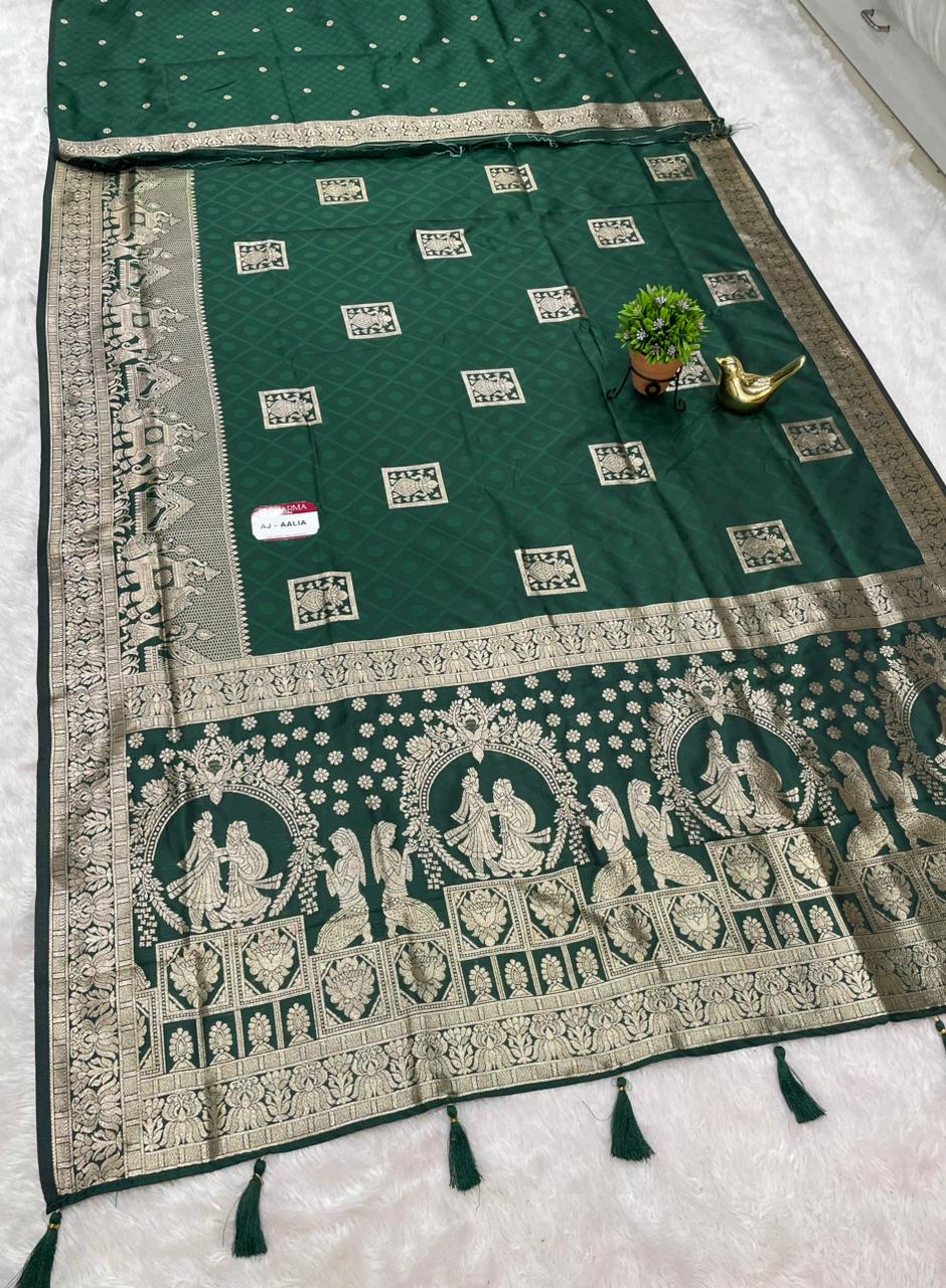 AJ-AALIA 50/600 SOFT SILK SAREE WITH VARMALA JODA IN PALLU WITH KALASH DESIGN ON BODY WITH BEAUTIFUL DAMAN DESIGN VIRAL DESIGN WITH BUTTI BLOUSE