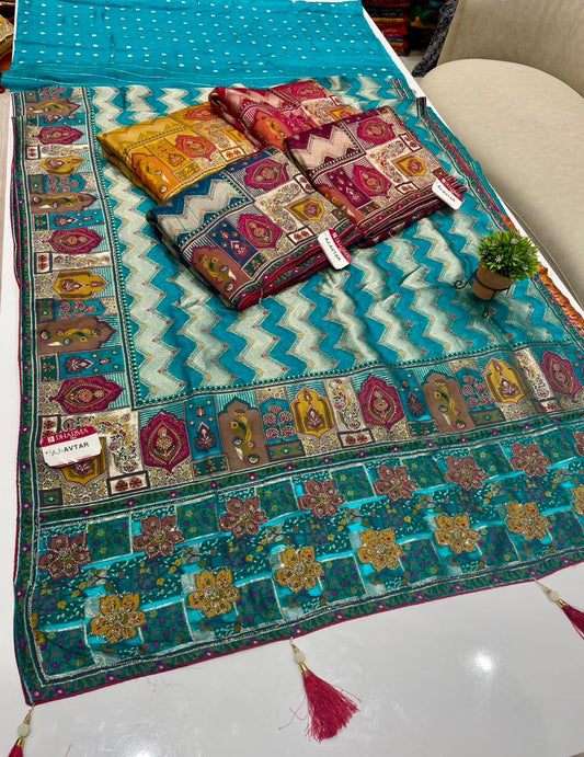 AJ-AVTAR FENDI SATIN SILK SAREE WITH POSITION STYLE WEAVING DESIGN WITH HEAVY PALLU WITH FIGURE TO FIGURE JARKAN WORK WITH PREMIUM DYING WITH BEAUTIFUL DAMAN DESIGN WITH BUTTI BLOUSE