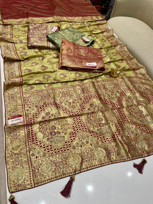 AJ-JIGNA KANJIVARAM SILK SAREE WITH SUPER HEAVY DESIGN WITH RICH PALLU WITH BEAUTIFUL PEACOCK DESIGN WITH JARKAN WORK AND ON BODY PEACOCK BUTTI DESIGN WITH DMC SIROSKI WORK AND WITH SUPER PREMIUM MATCHING WITH LUXURY TASSELS