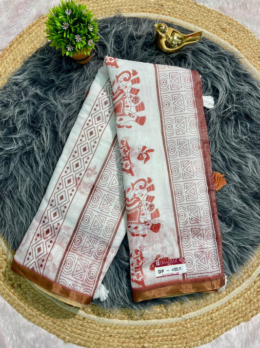 DP-4058 LINEN FABRIC SAREE WITH BEAUTIFUL OPEN PALLU WITH FLORAL DEIGN WITH TASSELS AND BLOUSE