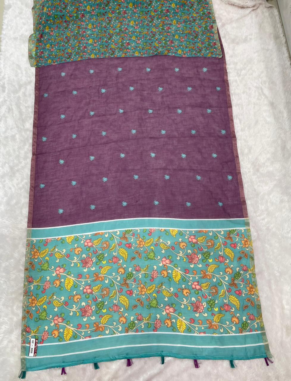 DP-4059 LINEN FABRIC SAREE WITH BEAUTIFUL PALLU WITH FLORAL DEIGN WITH TASSELS AND BLOUSE