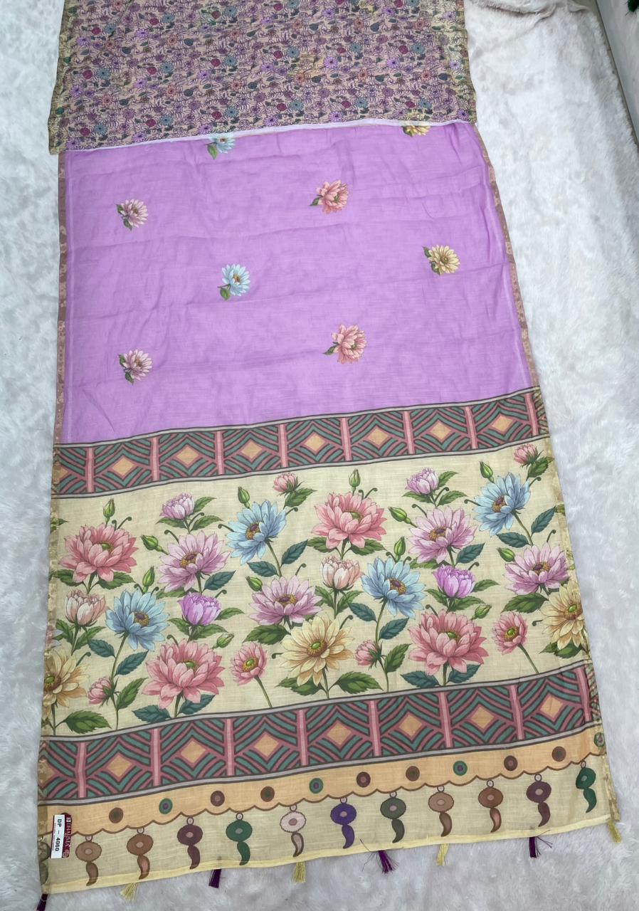 DP-4060 LINEN FABRIC SAREE WITH BEAUTIFUL PALLU WITH FLORAL DEIGN WITH TASSELS AND BLOUSE