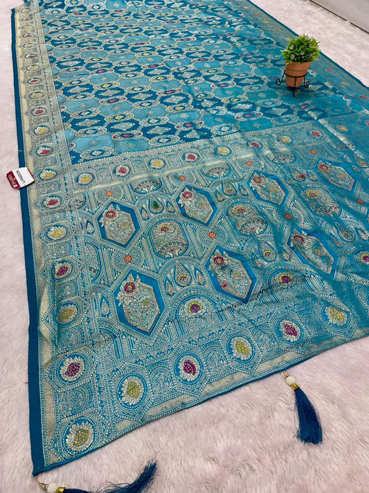 AJ-PASSION SATIN SILK FABRIC SAREE WITH HEAVY EMBROIDERY WORK WITH AD JARKAN WORK WITH BEAUTIFUL DESIGN WITH MEENAKARI WORK AND LUXURIOUS TASSELS WITH BLOUSE