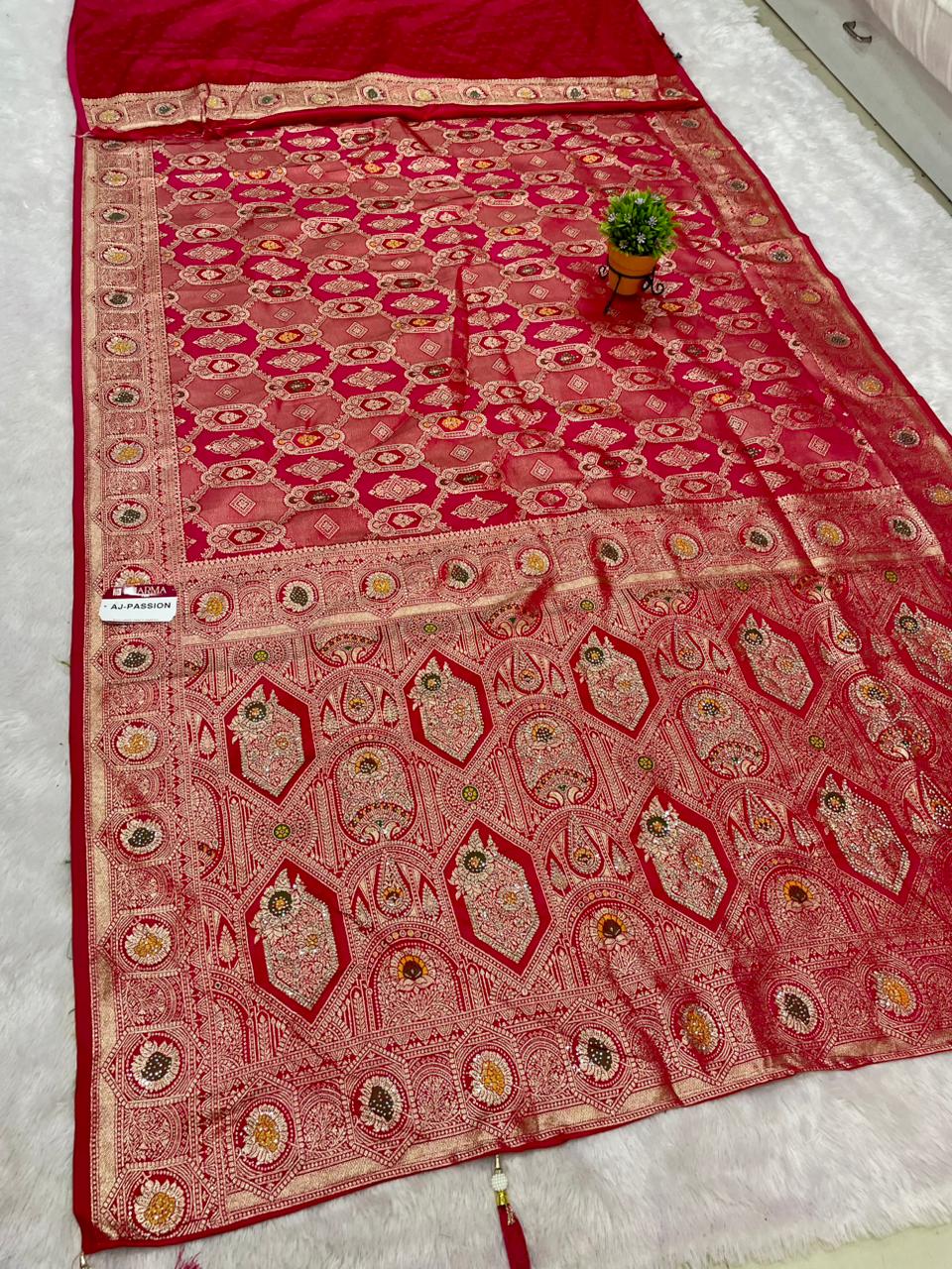 AJ-PASSION SATIN SILK FABRIC SAREE WITH HEAVY EMBROIDERY WORK WITH AD JARKAN WORK WITH BEAUTIFUL DESIGN WITH MEENAKARI WORK AND LUXURIOUS TASSELS WITH BLOUSE