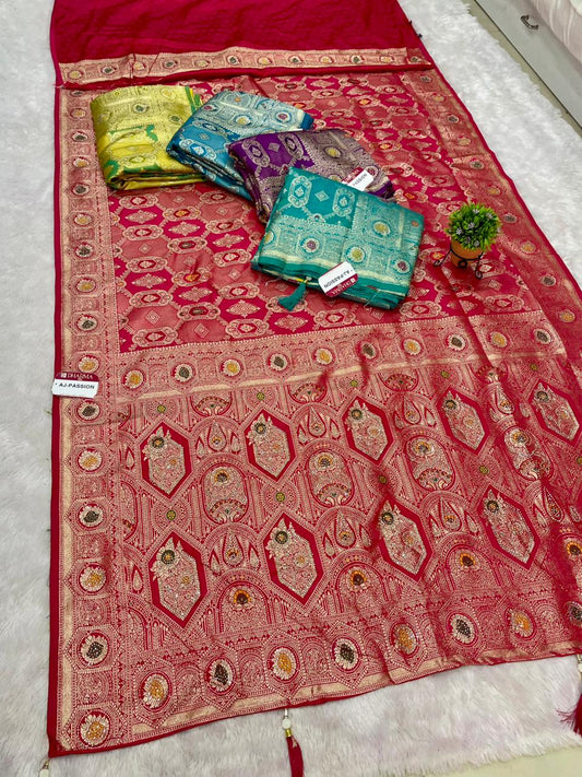 AJ-PASSION SATIN SILK FABRIC SAREE WITH HEAVY EMBROIDERY WORK WITH AD JARKAN WORK WITH BEAUTIFUL DESIGN WITH MEENAKARI WORK AND LUXURIOUS TASSELS WITH BLOUSE